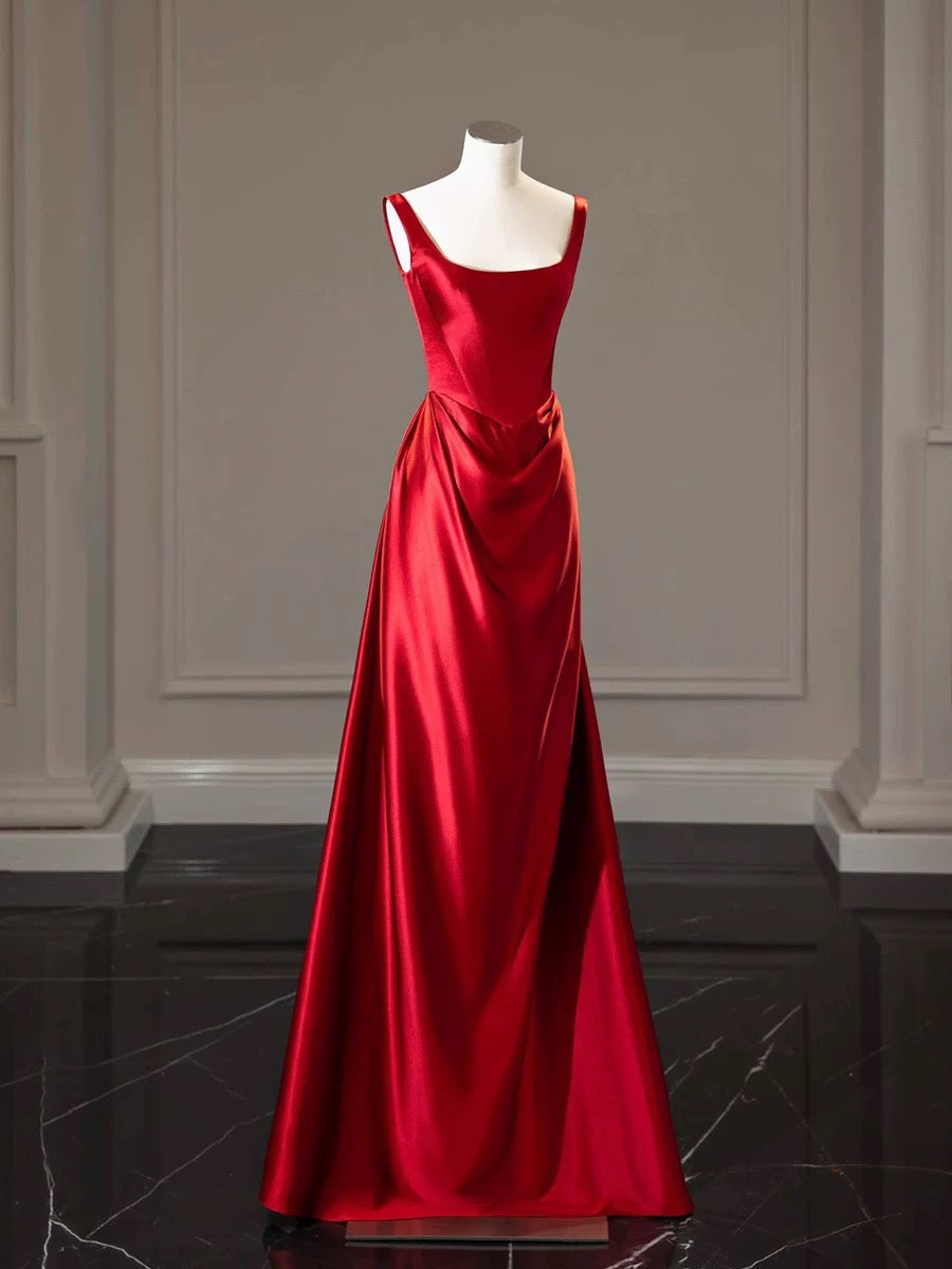 Simple A-line Square Neckline Satin Red Long Evening Dress Prom Dress HZ1024
