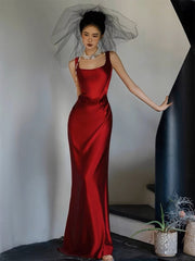 Simple A-line Square Neckline Satin Red Long Evening Dress Prom Dress HZ1024