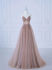 Elegant A-Line Spaghetti Straps Tulle Long Prom Dress Evening Dress HZ1024