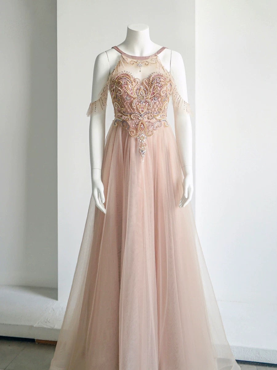 Elegant A-Line Jewel Neckline Tulle Long Prom Dress Evening Dress HZ1024