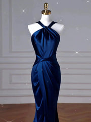 Sexy Mermaid High Neckline Navy Blue Satin Evening Dress Long Prom Dresses Party Dress With Ruffles HZ1024