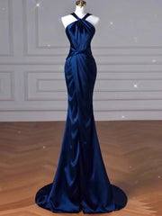 Sexy Mermaid High Neckline Navy Blue Satin Evening Dress Long Prom Dresses Party Dress With Ruffles HZ1024