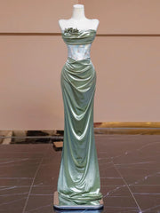Sexy Mermaid Strapless Green Satin Evening Dress Long Prom Dresses Party Dress With Ruffles HZ1024