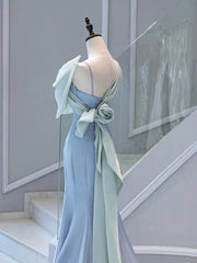 Elegant Mermaid One Shoulder Light Sky Blue Satin Bow Long Prom Dress Evening Dress HZ1024