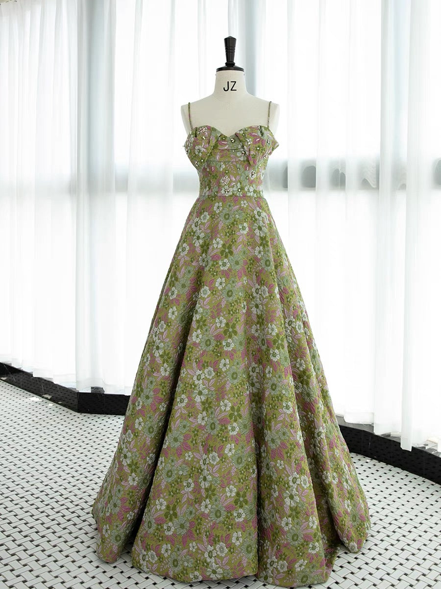 Elegant A line Spaghetti Straps Green Satin Floral Ruffles Long Prom Dress Evening Dress HZ1024
