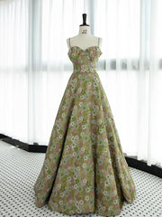 Elegant A line Spaghetti Straps Green Satin Floral Ruffles Long Prom Dress Evening Dress HZ1024