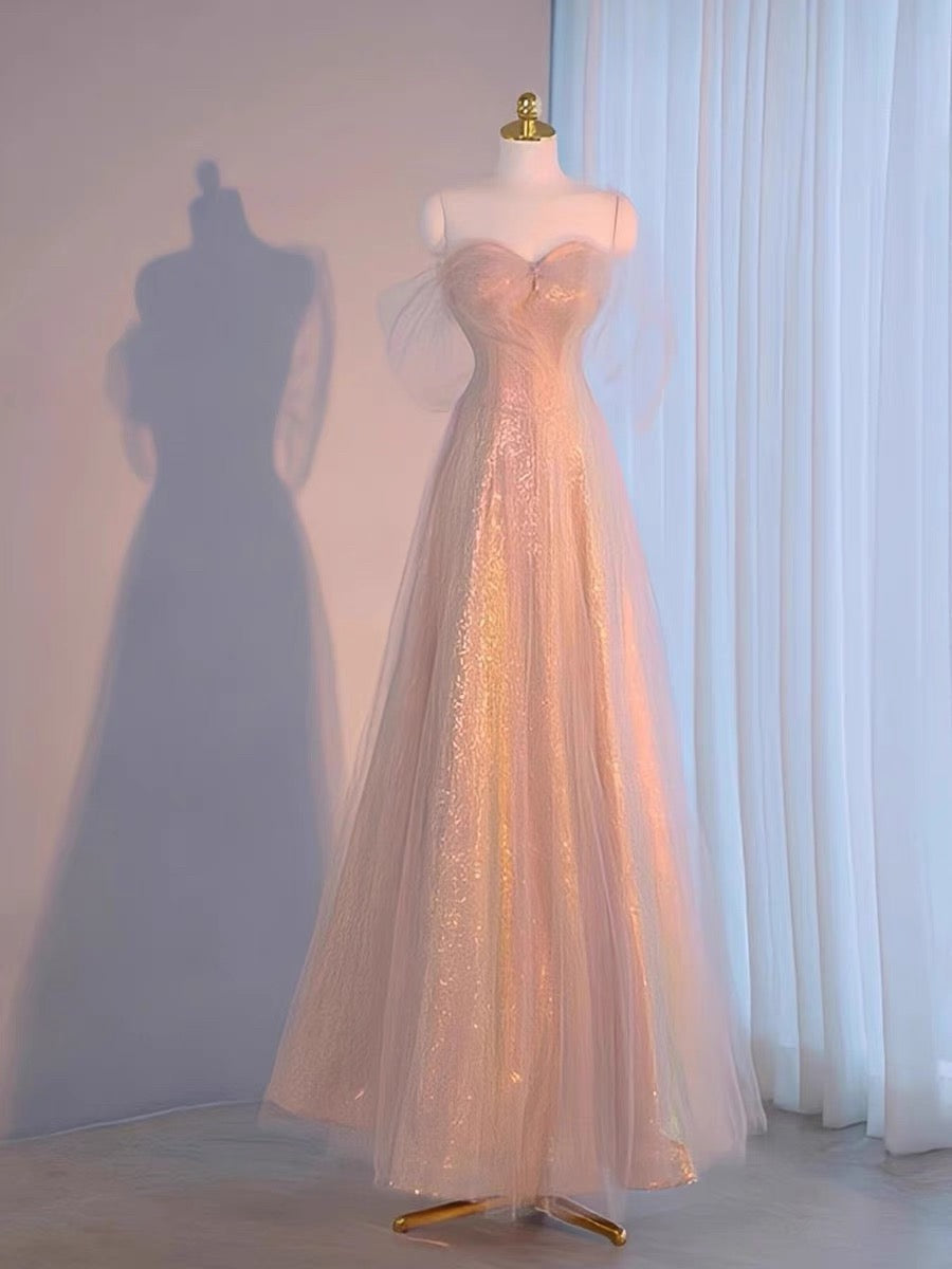 Elegant A Line Spaghetti Straps Pink Sequin Long Prom Dress Evening Dresses HZ1024