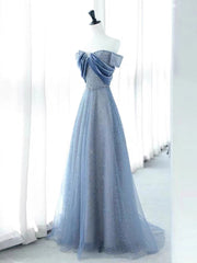 Elegant A Line Off The Shoulder Blue Sequin Long Prom Dress Evening Dresses HZ1024