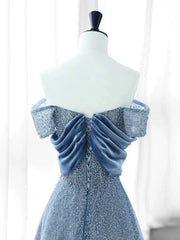Elegant A Line Off The Shoulder Blue Sequin Long Prom Dress Evening Dresses HZ1024