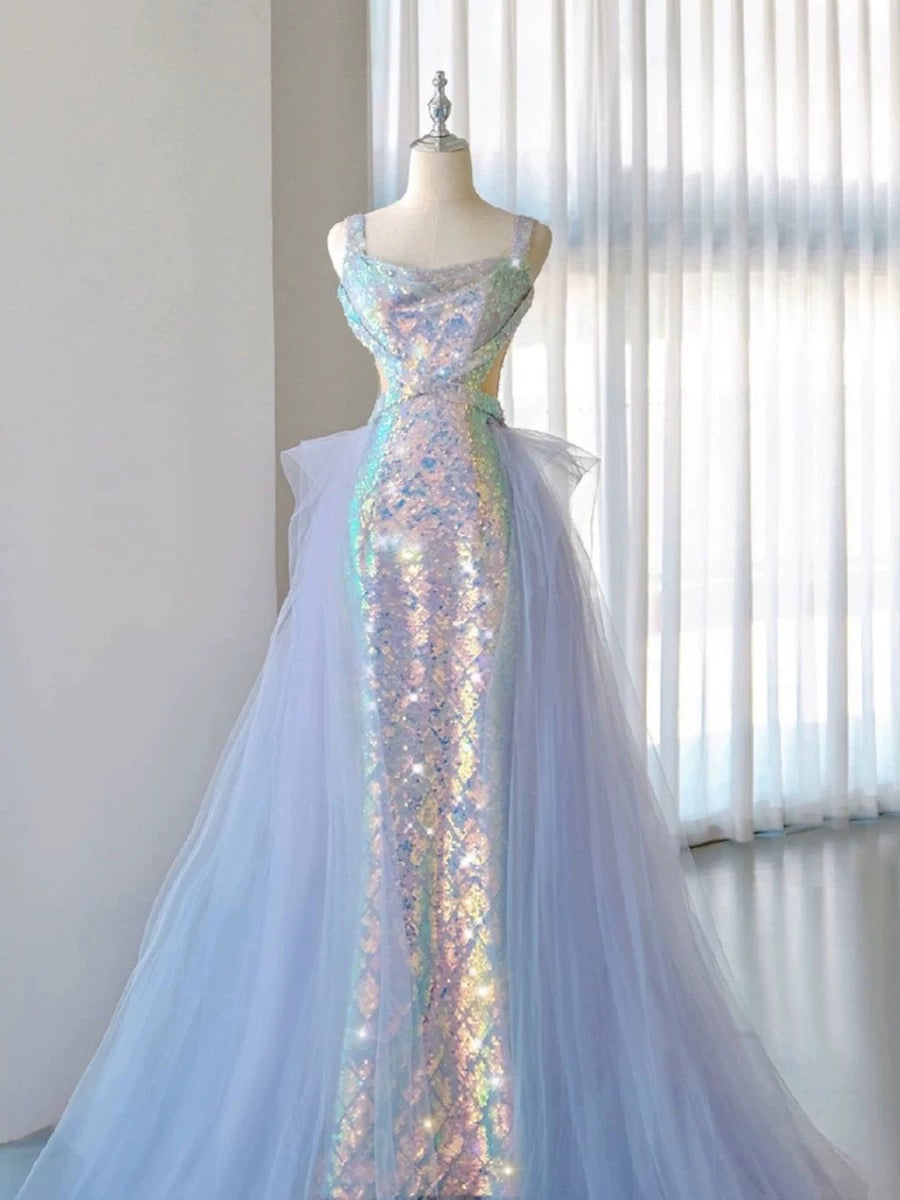 Elegant Mermaid Square Neckline Blue Sequin Long Prom Dress Evening Dresses HZ1024