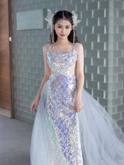 Elegant Mermaid Square Neckline Blue Sequin Long Prom Dress Evening Dresses HZ1024