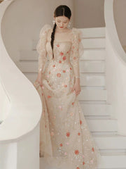 Elegant A Line Strapless Neckline Floral Lace Long Prom Dress Evening Dresses HZ1024