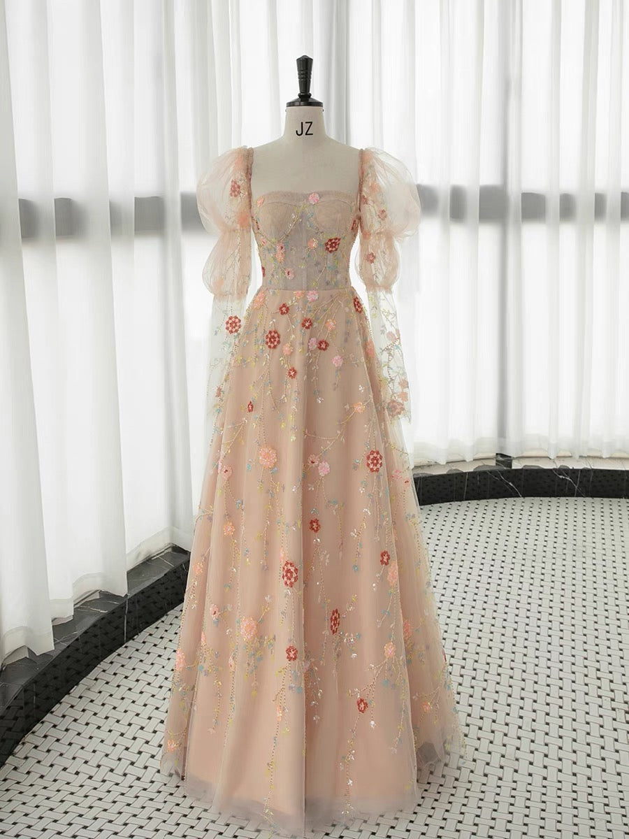 Elegant A Line Strapless Neckline Floral Lace Long Prom Dress Evening Dresses HZ1024