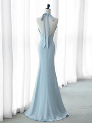 Elegant Mermaid V Neckline Blue Backless Pearls Long Prom Dress Evening Dresses HZ1024