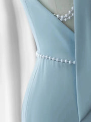 Elegant Mermaid V Neckline Blue Backless Pearls Long Prom Dress Evening Dresses HZ1024