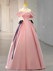 Elegant Ball Gown Off The Shoulder Pink Satin Long Prom Dress Evening Dresses HZ1024