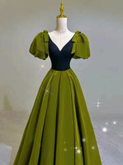 Elegant Ball Gown V Neckline Olive Green Satin Long Prom Dress Evening Dresses HZ1024