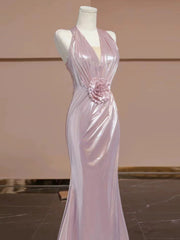 Elegant Sheath V Neckline Pink Sequin Long Prom Dress Evening Dresses With Flowers HZ1024