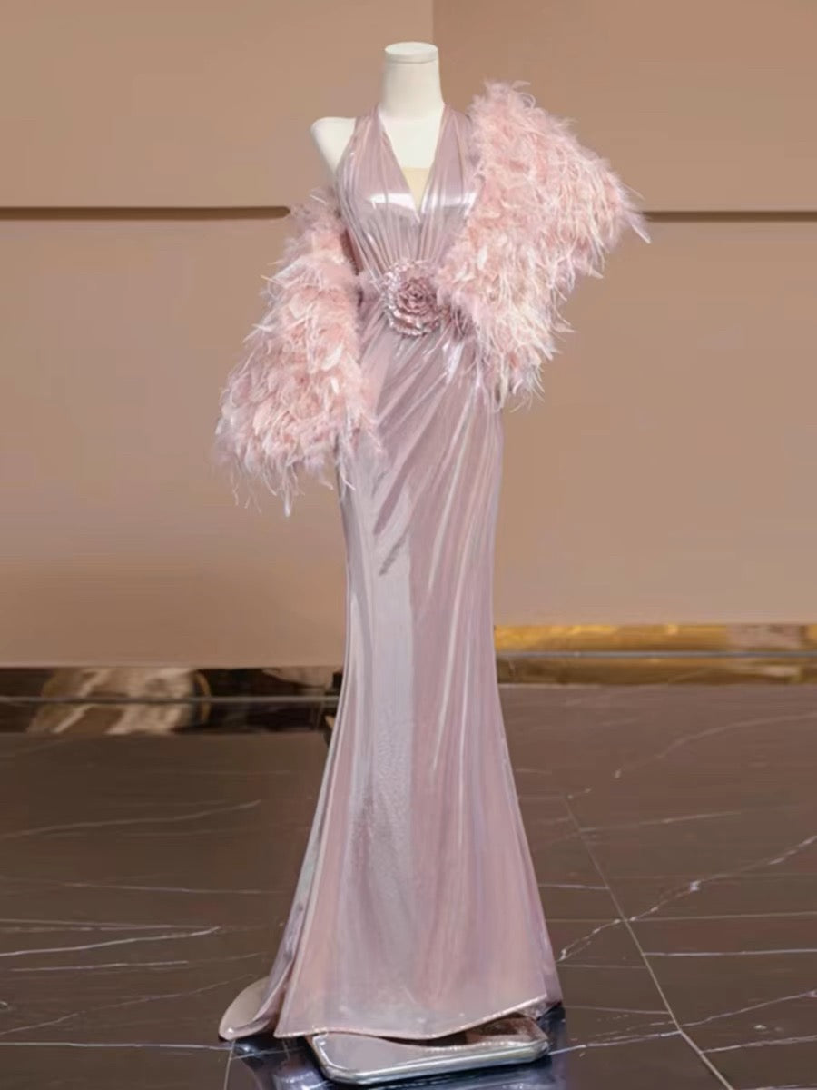 Elegant Sheath V Neckline Pink Sequin Long Prom Dress Evening Dresses With Flowers HZ1024
