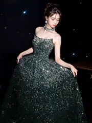 Elegant A line Strapless Green Sequin Long Prom Dress Evening Dresses HZ1024