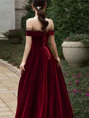 Elegant A line Off The Shoulder Burgundy Velvet Long Prom Dress Evening Dresses HZ1024