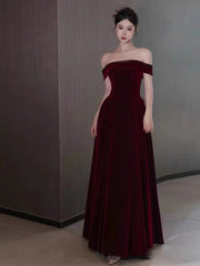 Elegant A line Off The Shoulder Burgundy Velvet Long Prom Dress Evening Dresses HZ1024