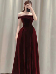 Elegant A line Off The Shoulder Burgundy Velvet Long Prom Dress Evening Dresses HZ1024