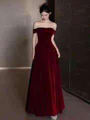 Elegant A line Off The Shoulder Burgundy Velvet Long Prom Dress Evening Dresses HZ1024