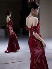 Elegant Mermaid Off The Shoulder Burgundy Sequin Long Prom Dress Evening Dresses HZ1024