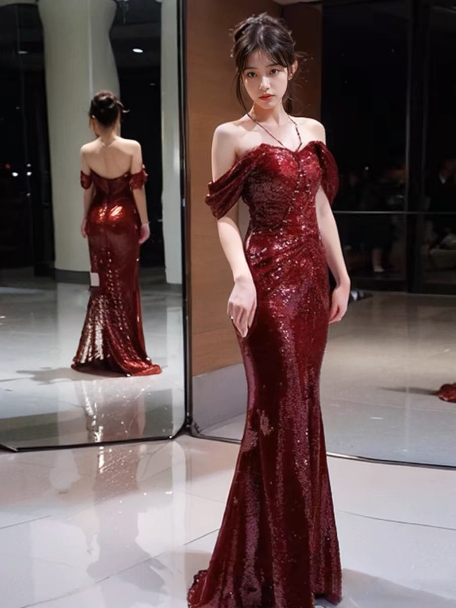Elegant Mermaid Off The Shoulder Burgundy Sequin Long Prom Dress Evening Dresses HZ1024
