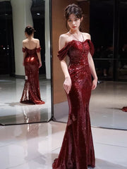 Elegant Mermaid Off The Shoulder Burgundy Sequin Long Prom Dress Evening Dresses HZ1024