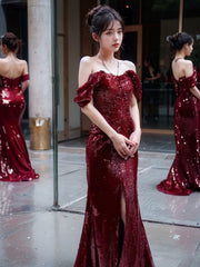 Elegant Mermaid Off The Shoulder Burgundy Sequin Long Prom Dress Evening Dresses HZ1024