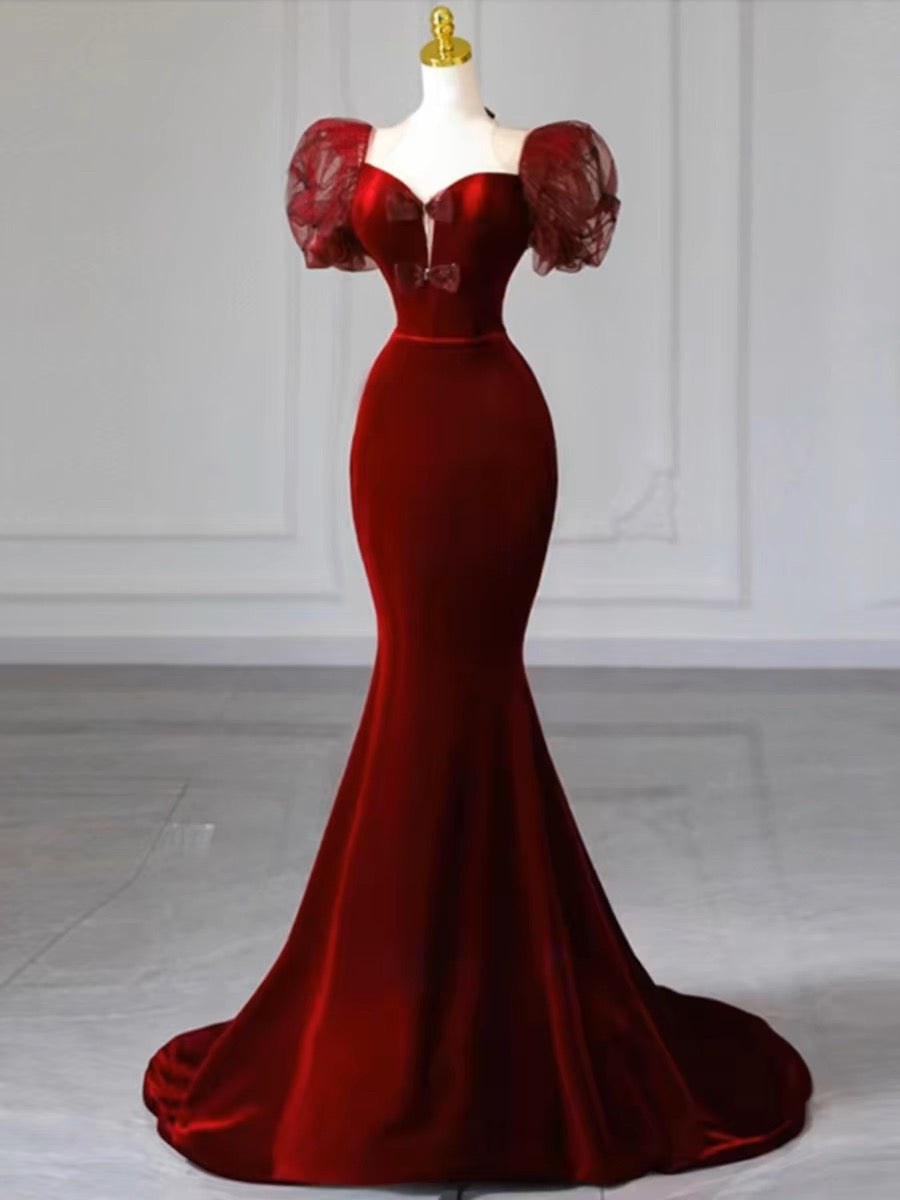 Elegant Mermaid Sweetheart Burgundy Short Sleeves Long Prom Dress Evening Dresses HZ1024