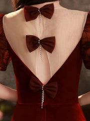 Elegant Mermaid Sweetheart Burgundy Short Sleeves Long Prom Dress Evening Dresses HZ1024