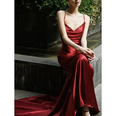Sexy Mermaid Spaghetti Straps Burgundy Satin Prom Dresses Evening Dress With Beads HZ1024