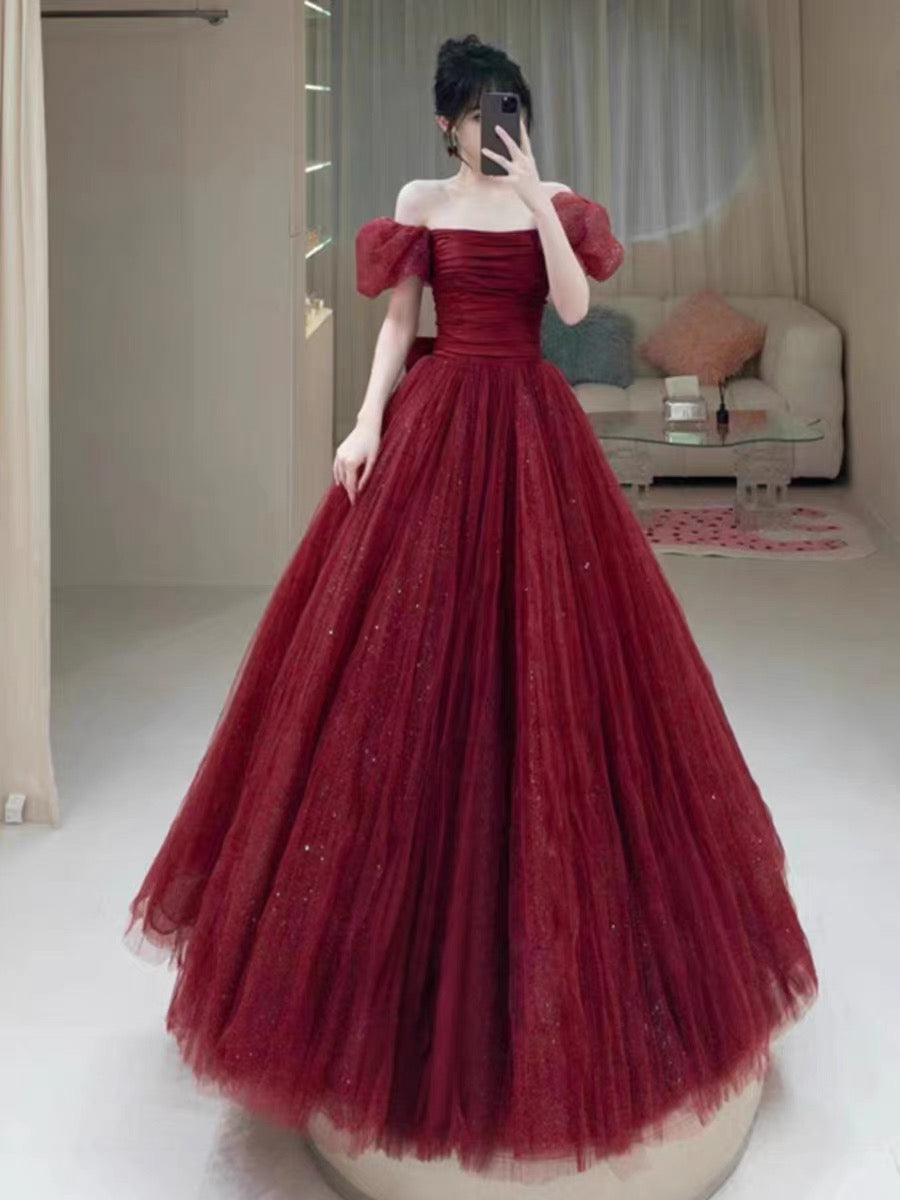 Elegant Ball Gown Sweetheart Burgundy Short Sleeves Long Prom Dress Evening Dresses HZ1024