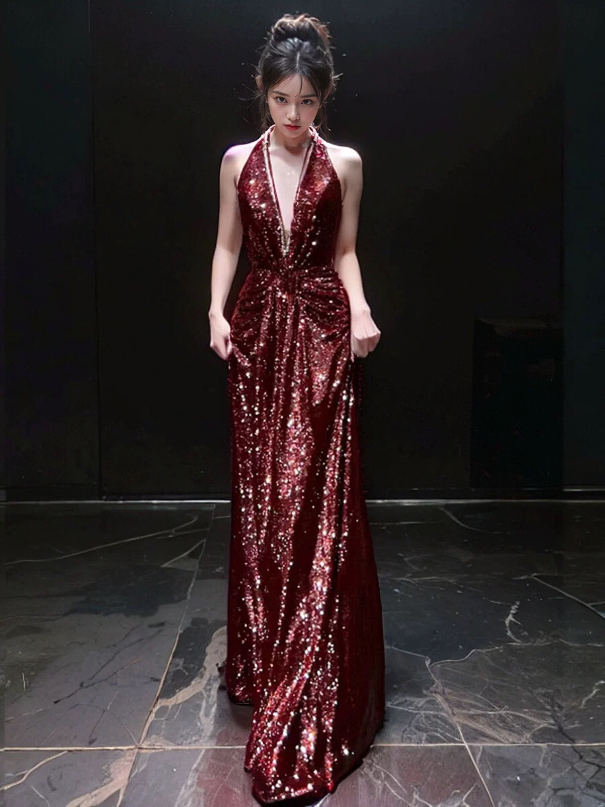 Sexy Mermaid V Neckline Burgundy Sequin Prom Dresses Evening Dress With Beads HZ1024