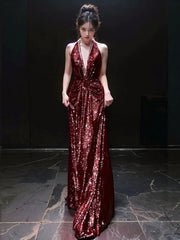 Sexy Mermaid V Neckline Burgundy Sequin Prom Dresses Evening Dress With Beads HZ1024