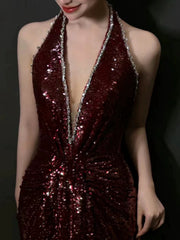 Sexy Mermaid V Neckline Burgundy Sequin Prom Dresses Evening Dress With Beads HZ1024