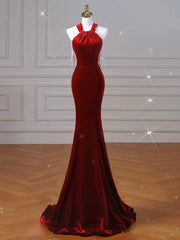 Sexy Mermaid Halter Red Velvet Long Prom Dresses Evening Dress HZ1024