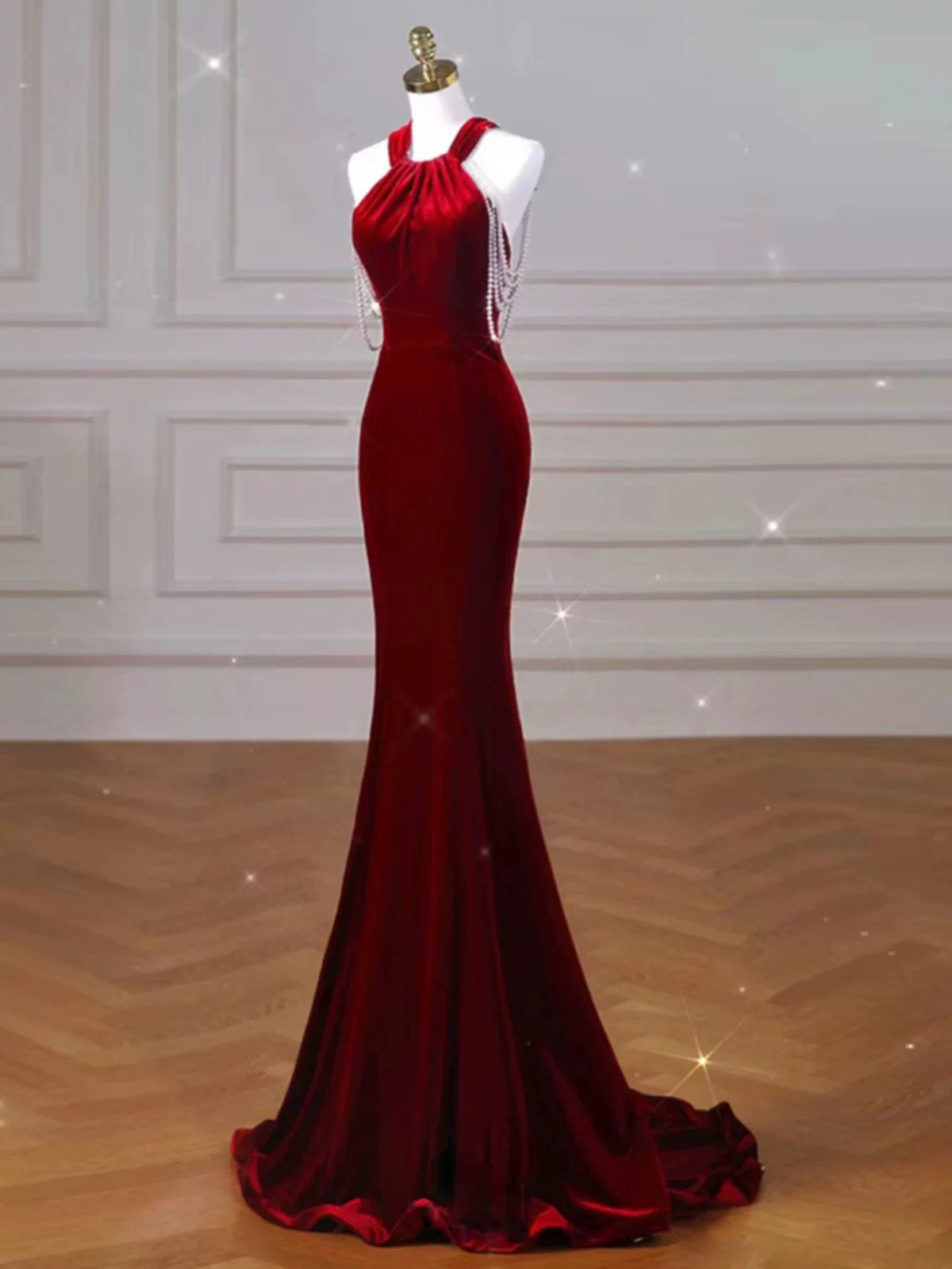 Sexy Mermaid Halter Red Velvet Long Prom Dresses Evening Dress HZ1024
