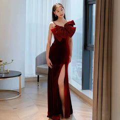 Elegant Mermaid Spaghetti Straps Burgundy Long Prom Dress Evening Dresses HZ1024
