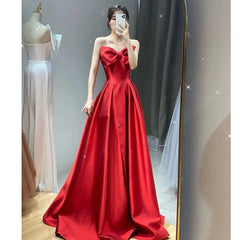 Elegant A line Sweetheart Red Satin Long Prom Dress Evening Dresses HZ1024