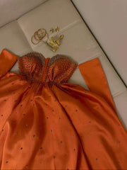 Classy A line Sweetheart Long Sleeves Orange Long Satin Party Dress Prom Dresses Evening Dress HZ1024