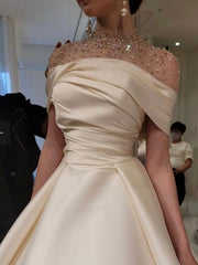 Elegant A-Line Evening Gown Elegant Dress Formal Floor Length Short Sleeve Illusion Neck Satin with Ruched Beading Prom Dress HZ1024