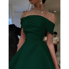 Elegant A-Line Evening Gown Elegant Dress Formal Floor Length Short Sleeve Illusion Neck Satin with Ruched Beading Prom Dress HZ1024