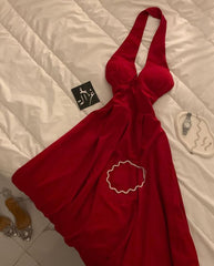 Classy A Line Halter Red Long Pleated Party Dress Chiffon Prom Dresses Evening Dress HZ1024