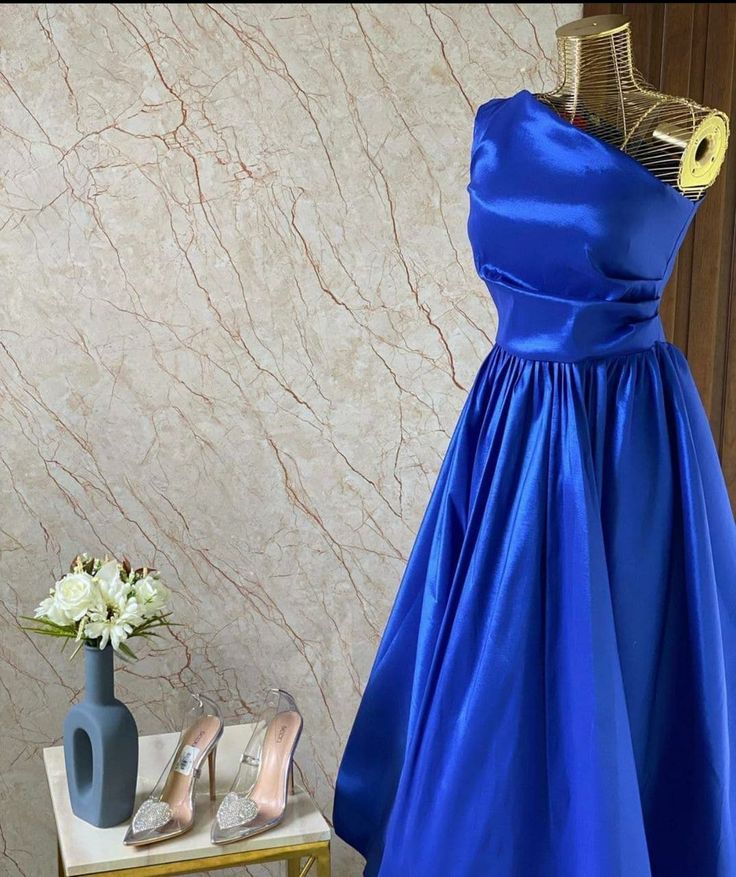 Classy A Line One Shoulder Royal Blue Pleated Party Dress Prom Dresses Evening Dress HZ1024