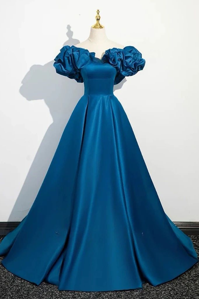Classy A line Off The Shoulder Blue Satin Long Party Dress Prom Dresses Evening Dress HZ1024