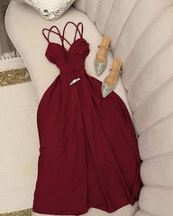 Elegant A-Line Spaghetti Straps Red Long Prom Dress Evening Dresses HZ1024